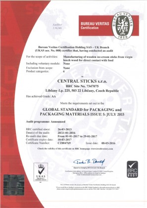 CENTRAL STICKS s.r.o. certifikován dle mezinárodní normy BRC Packaging